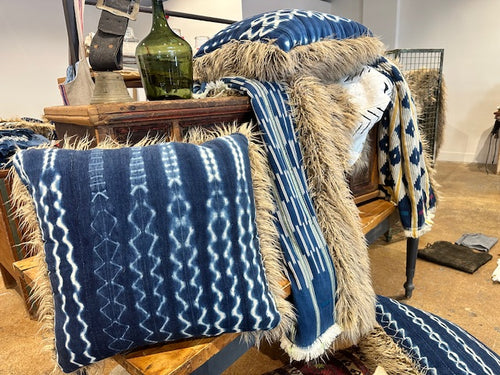 Oversized One of a kind Indigo pillow with faux fur.